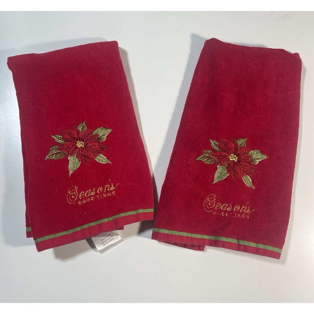 Lenox Bath Towel‎ Set Of 2 Red Ribbon & Holly Christmas Holiday Cotton